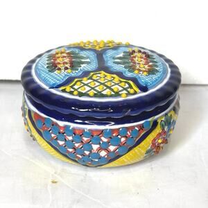 MEXICAN Talavera Lidded Trinket Box Clay Pottery Handmade Round Jewelry Holder